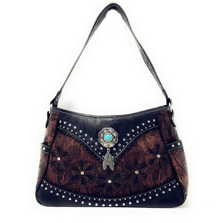 Western Tooled Leather Purse - Western Tooled Leather Laser Cut Concealed Carry Feather Country Shoulder Handbag
