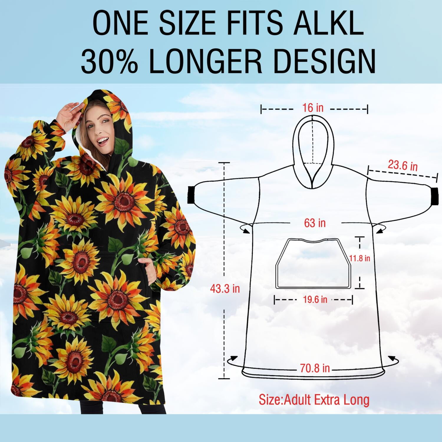 Oversized Wearable Blanket Hoodie,Black Orange Sunflower Pattern Sherpa Blanket Hoodie with Super Pockets,Super Warm Fuzzy Pullover for Women & Men