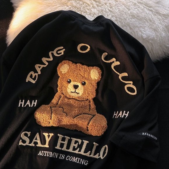 Luxury Bear Embroidery American Style T Shirts Kawaii Clothes for Teens Pure Cotton Summer Large 3XL O-neck Apricot Black Tops - Black / M