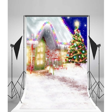 Image of MOHome Photography Christmas Backdrop 5x7ft Christmas Cottage Xmas Tree Decoration Icicle Bench Winter Snowflakes Background Children Baby Kids Shooting Props Video Studio
