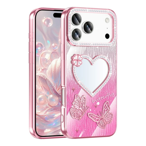 for iPhone 14 Plus Back Case, Luxury Diamond Plating Glitter Butterfly Floral Ultra Slim Shock-Absorbent Flexible Lightweight Non-Slip Heart Makeup Mirror Protective Women Girls Cover, Pink