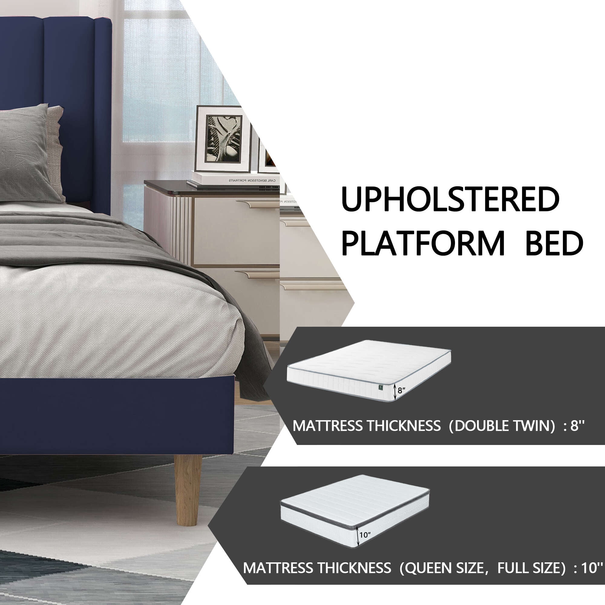 alazyhome Queen Size Upholstered Platform Bed Frame, Easy Assemble, Blue Velvet