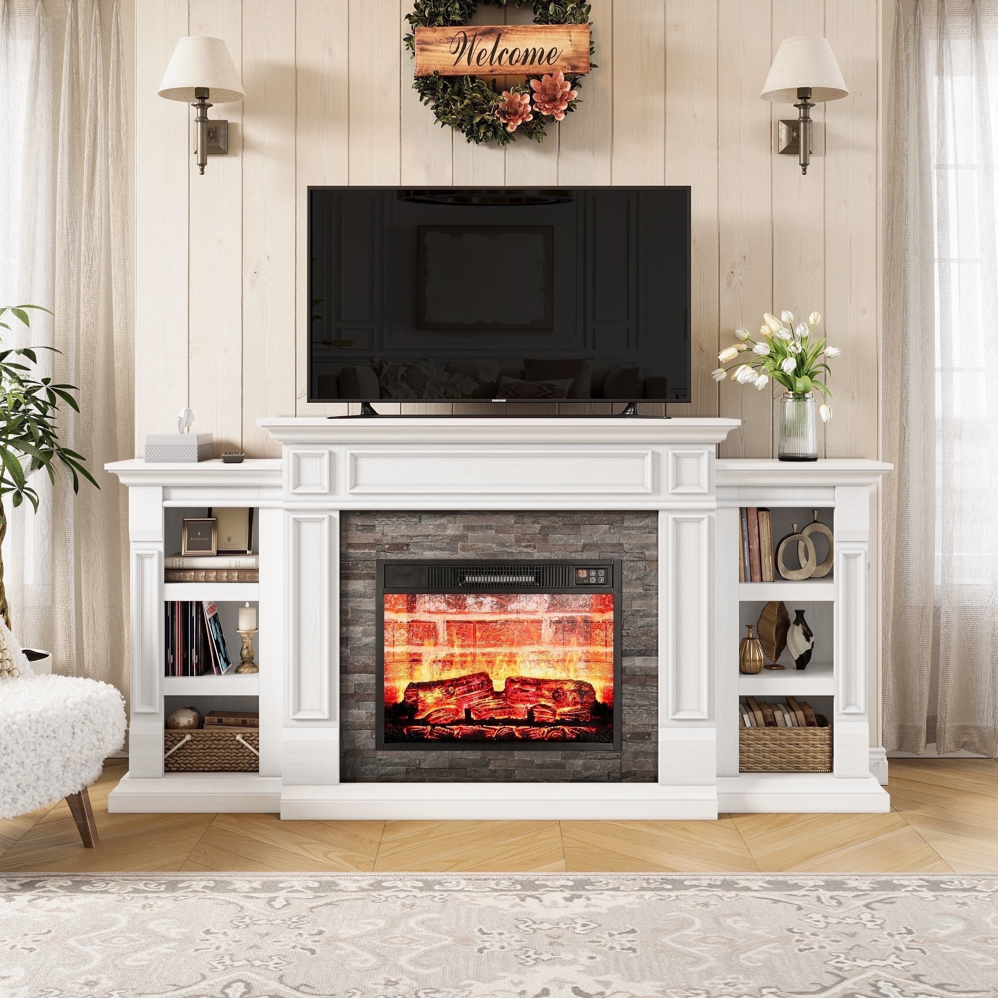 LGHM 70" Electric Fireplace TV Stand with Mantel, Farmhouse Entertainment Center for TVs up to 80", White