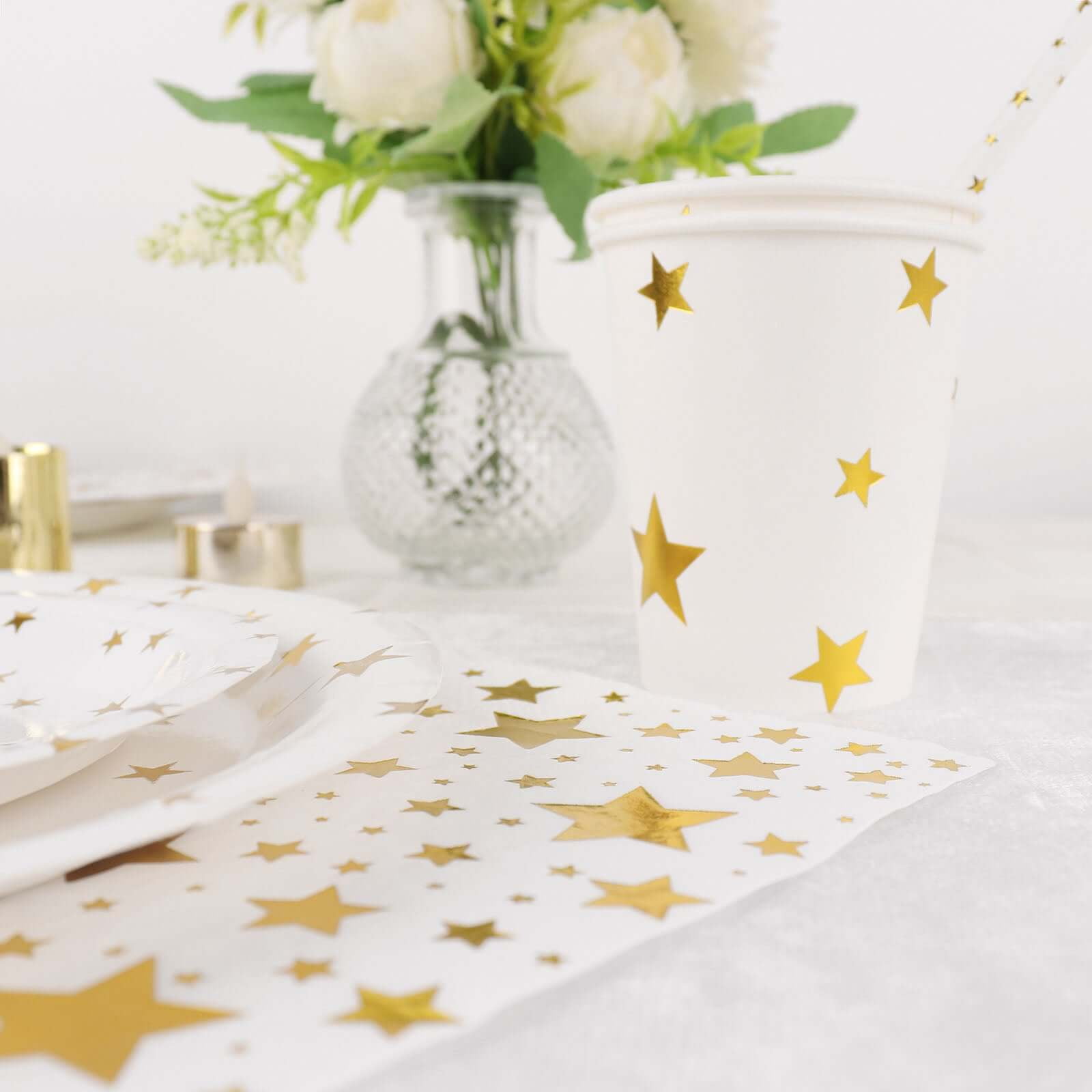 Efavormart 120 Pcs White/Gold Stars Disposable Party Supplies Kit, Paper Plates Cups Napkins Tableware Combo Pack