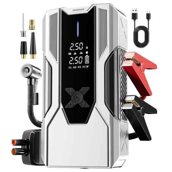 Car Battery Jump Starter with Air Compressor 3000A 150PSI, Car Jumper Starter Portable (9L Gas/7L Diesel), Jump Box Car Battery with Auto-Shutoff Tire Inflator, Jumper Cables and Light