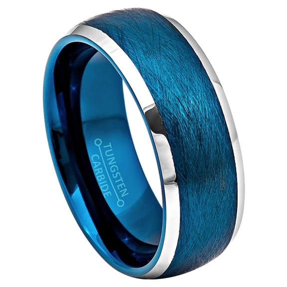 Jewelry Avalanche Men's 2-Tone Dome Blue Tungsten Carbide Wedding Band, Satin Crosshatch FInish, 8MM, size 10