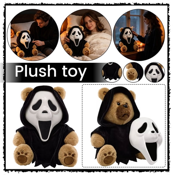 HOXZODT Ghost Face Hooded Bear Plush Toy, 14.6 Inch Removable Screaming Mask Teddy Bear, Halloween Spooky Stuffed Plush Decor for Family Fun