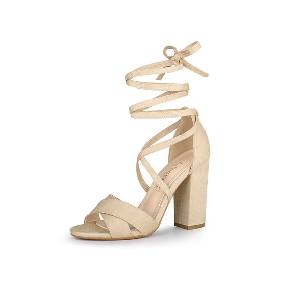 BLISSFUL STEP Women's Sandals Solid Crisscross Block Heels High Heel Lace up Sandals Beige 7.5