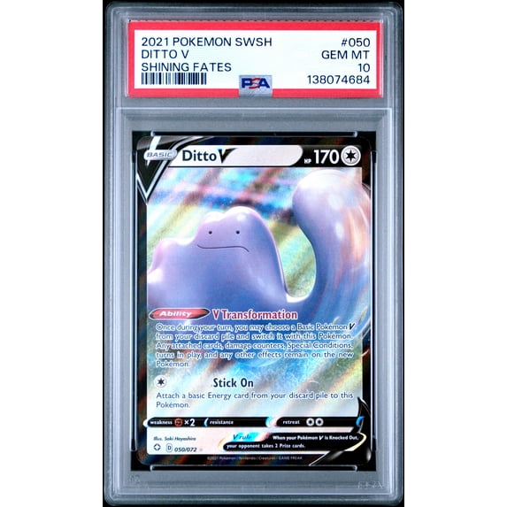 Pokemon TCG, PSA Graded 10 GEM MINT, Ditto V Shining Fates #050, Sword & Shield Shining Fates, Fully Encapsulated Bundle with Compatible Pokemon Hard Sealed Case