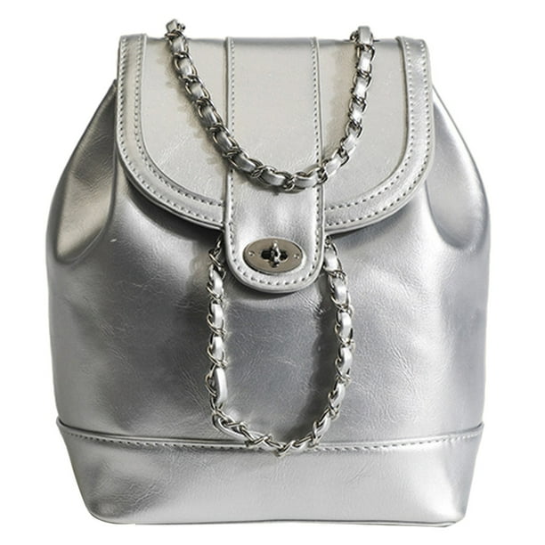 Mochila pequeña para mujer mochilas de cuero PU con cordón cadena de gran capacidad correas ajustables para los hombros bolsa de viaje de Color sólido