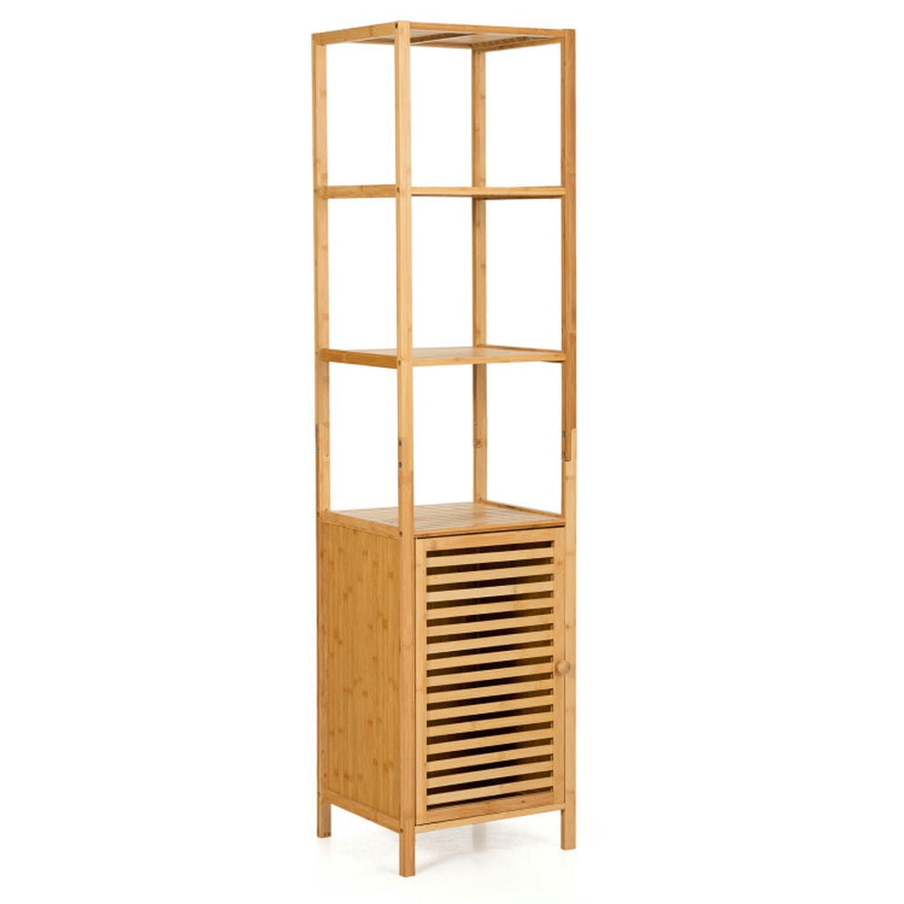 Finihen Storage Cabinet, Floor Cabinet, 4 Tiers Slim Bamboo Floor Storage Cabinet with Shutter Door and Anti-Toppling Device, for Bathroom, Living Room, Bedroom, Kitchen, Natural