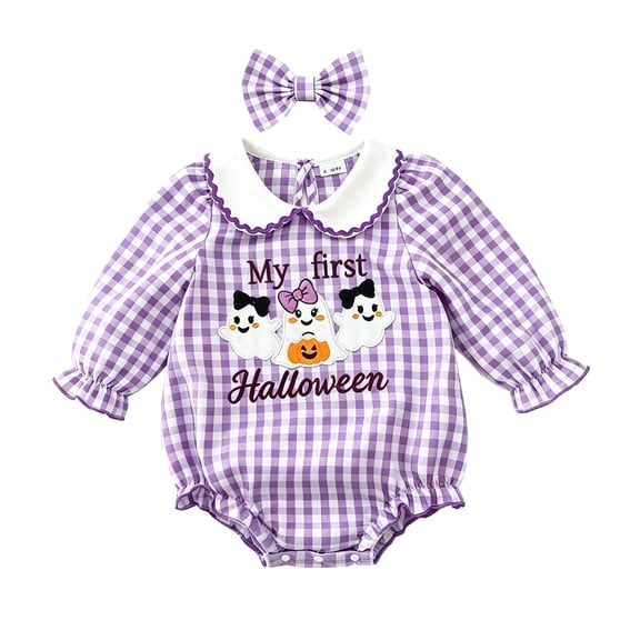 RMGVDSD My First Halloween Baby Girl Outfit Ghost Embroidery Bubble Romper Purple Plaid Long Sleeve Smocked Bodysuits Headband Set 12-18 Months
