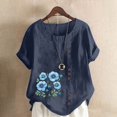 thumbnail image 2 of DDAPJ pyju Linen Tops for Women Short Sleeve Floral Print Tshirts Loose Fit Round Neck Casual Dressy Blouse Lightning Sales Navy M, 2 of 5