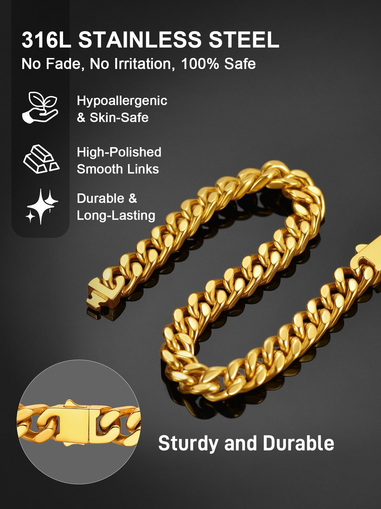 ChainsProMax 18K Gold Plated Chain Bracelet for Men 7mm Wide 8.3inch Men Bracelet Gift