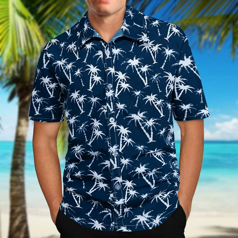 Jwzuy Mens Tops Hawaiian Shirts Trendy Lapel V Neck Short Sleeve Button Down Casual Tshirt Blue XL, Men's