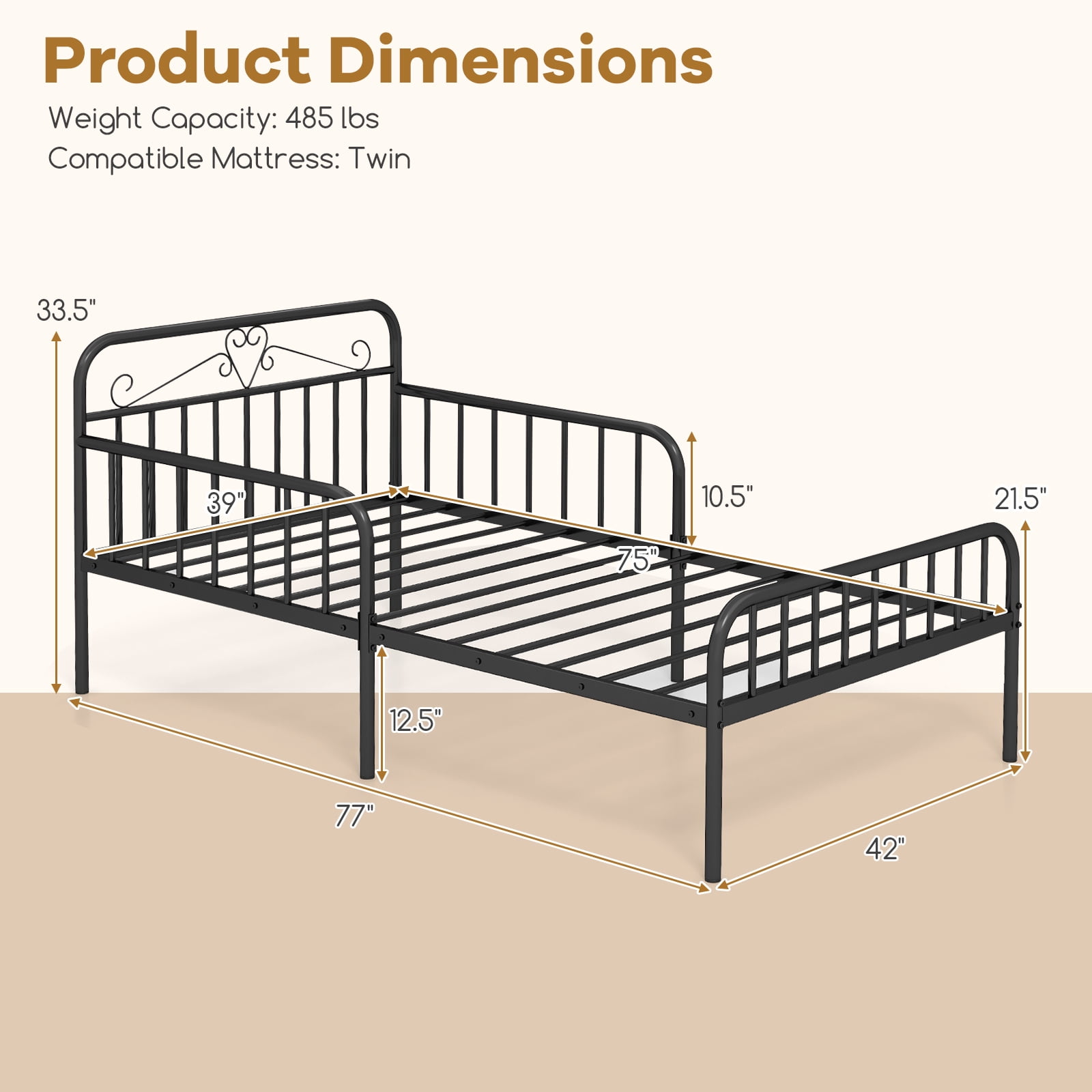 Infans Twin Size Metal Bed Frame Modern Platform Bed with Safety Guardrails Headboard