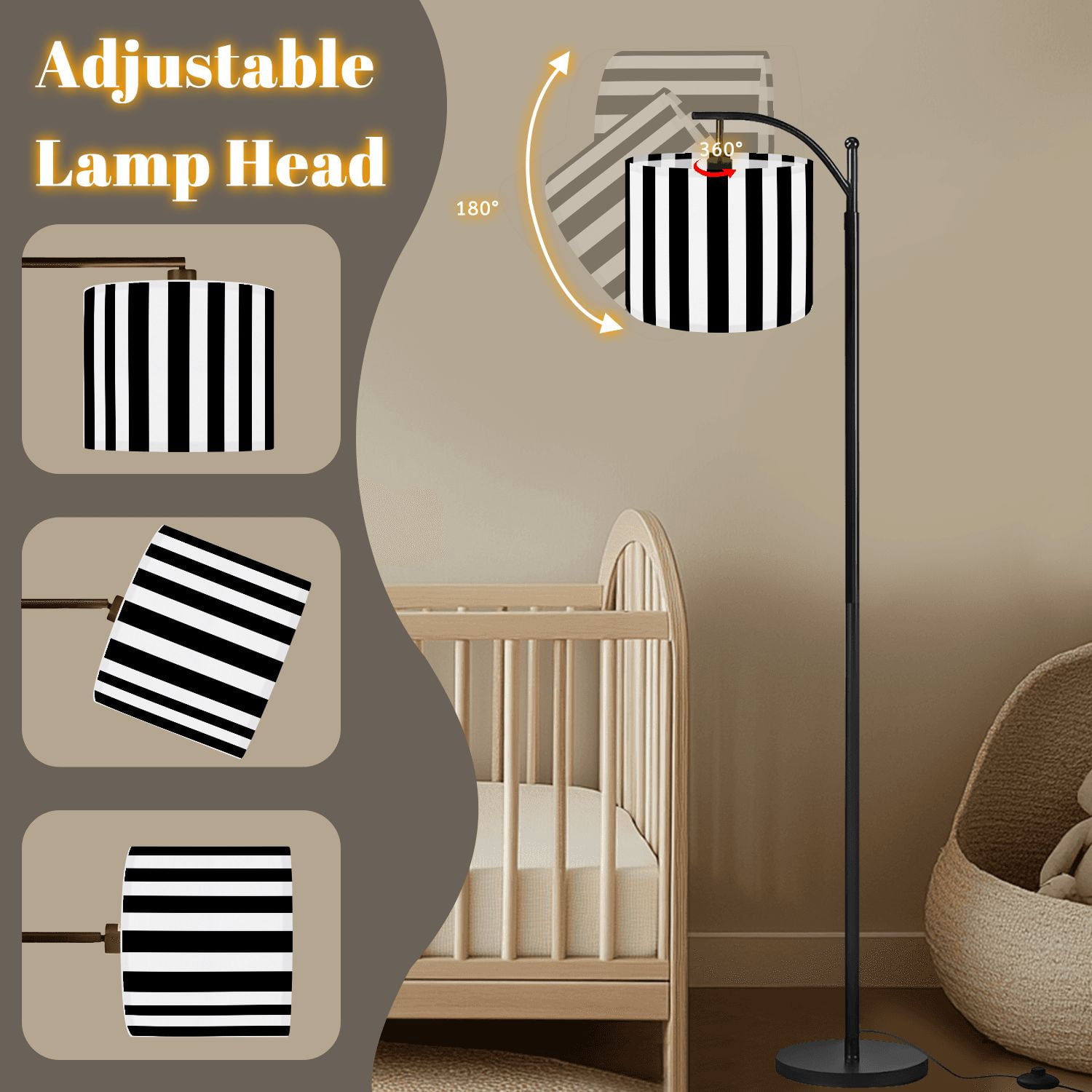 Arc Floor Lamp Striped black white Tall Modern Standing Lamp LED Adjustable Linen Lampshade 3 Color Temperatures