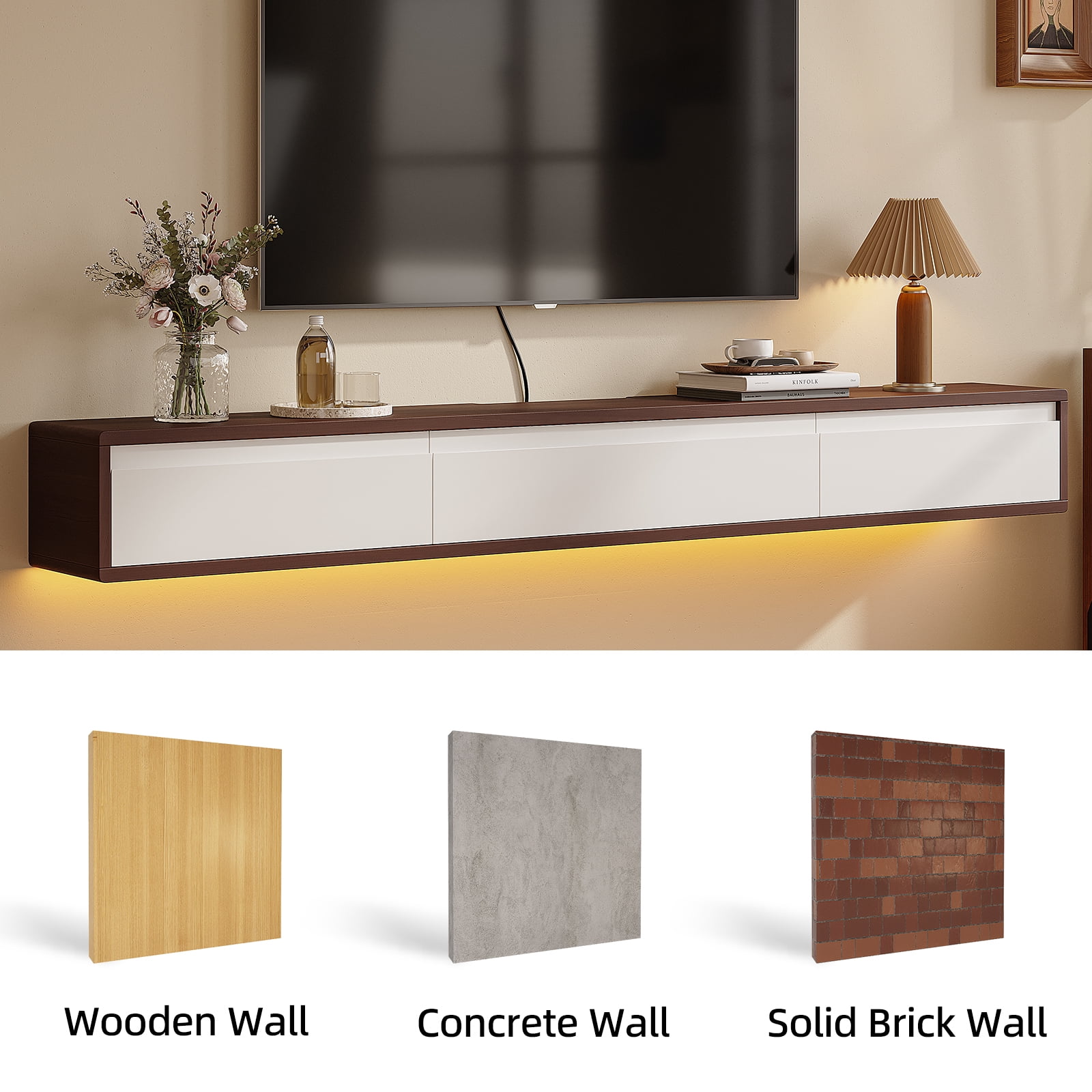 FloatiCasa 86" Floating TV Stand Wall Mounted Floating TV Shelf for TVs up to 90" Floating TV Console with 4 High Gloss Doors