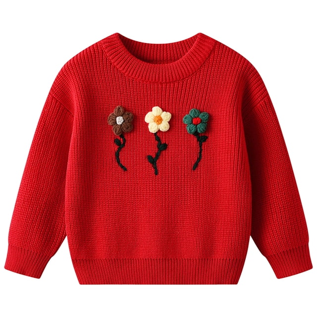 WUANDIXFA Chandails Garçons Enfants Col Rond Brodé à la Main Fleur Chandail Bébé Chandail de Base Chandail d'Anniversaire Garçon et Fille Rouge, 4-5 Ans