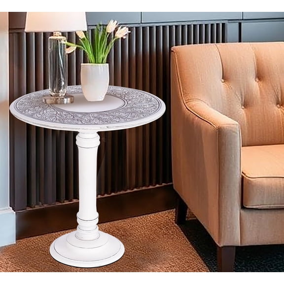 The Wooden Town Antique White Round Coffee Table – 18x22 Wood Accent Side Table for Living Room, End Table for Books & Plants, Small Altar Table