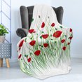 thumbnail image 4 of Poppy Flower Soft Flannel Fleece Blanket, Scarlets and Buds on a Rural Field Refreshing Nature of Country Theme, Cozy Plush for Indoor and Outdoor Use, 50" x 70", Scarlet Green White, by Ambesonne, 4 of 5