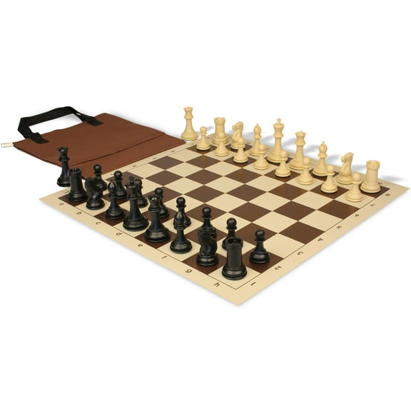 Conqueror Easy-Carry Plastic Chess Set Black & Camel Pieces with Vinyl Rollup Board - Brown