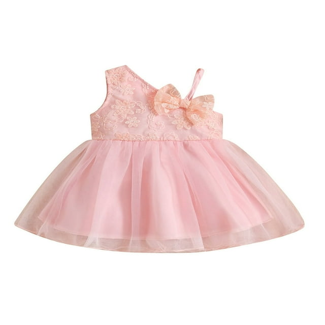 Robe de Bébé Fille Princesse une Épaule Sans Manches Noeud Robe de Dentelle avant