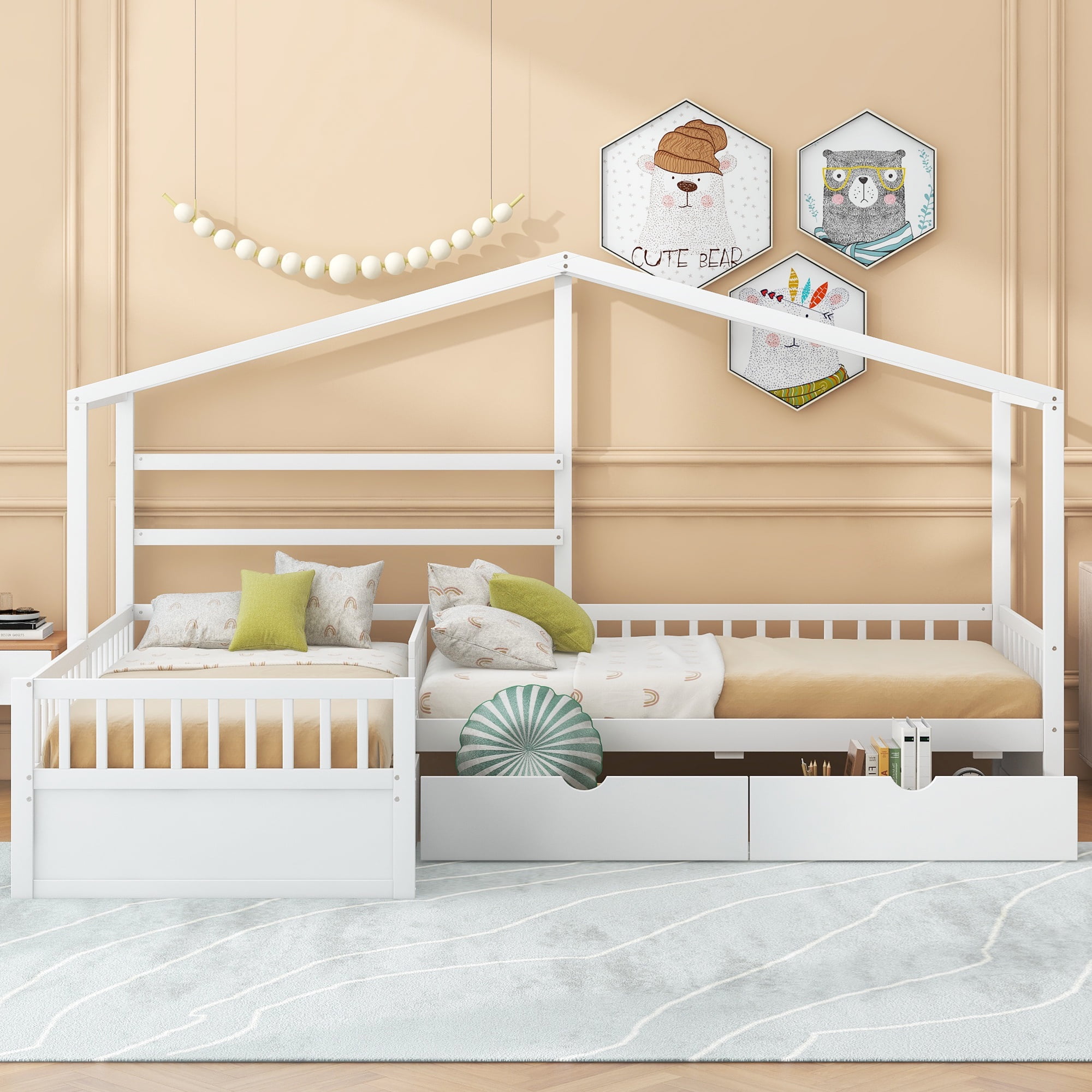 Bellemave House Bed Double Twin Beds, Wood L-Shape Twin Bed with 3 Storage Drawers, Montessori Bed with Roof and Fencefor Toddler Kids Girls Boys (White)