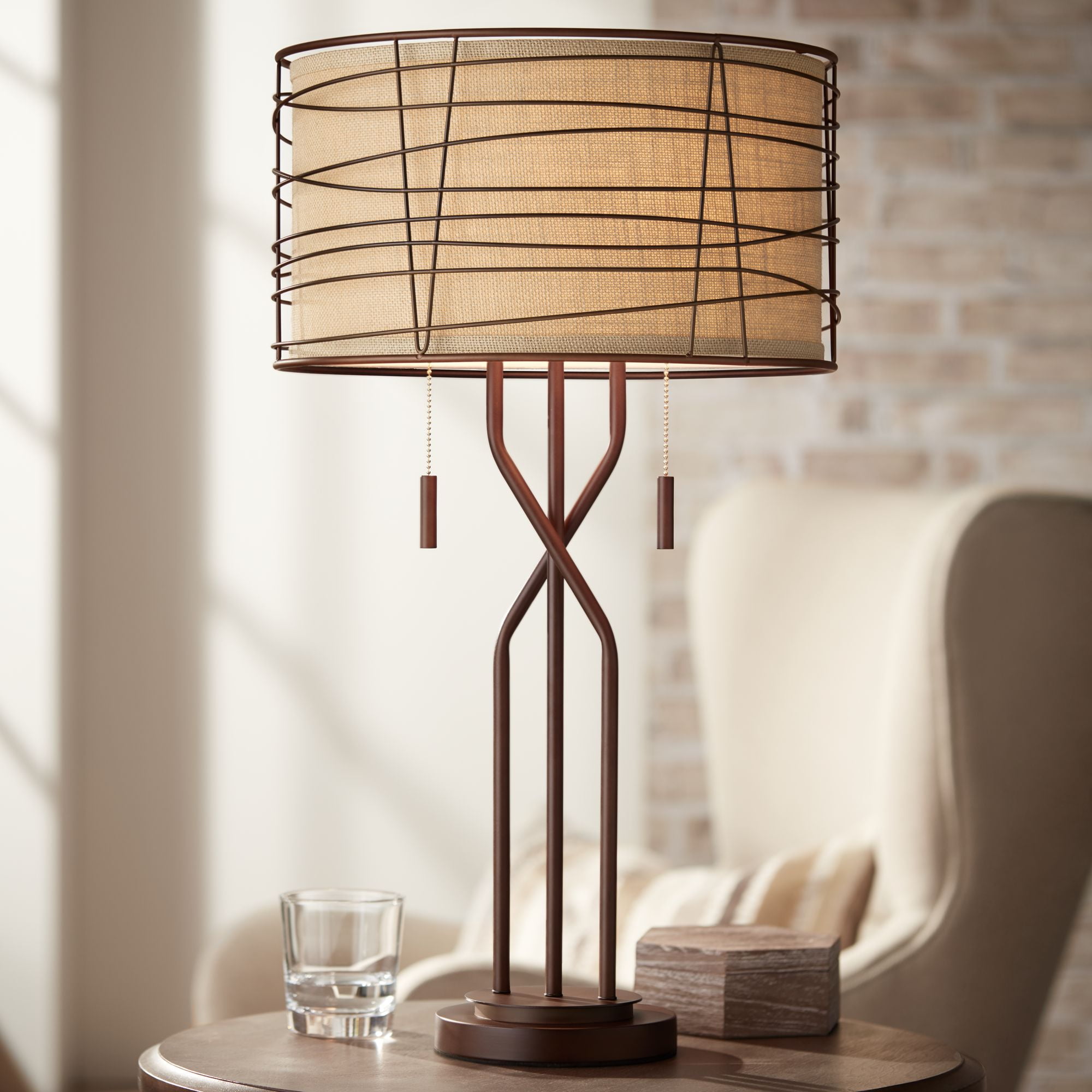 Franklin Iron Works Modern Table Lamp, Industrial Bronze Iron Table Lamp With Beige Hardback Shade
