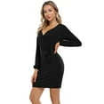 thumbnail image 2 of HA-EMORE Surplice Neck Long Sleeve Casual Winter Party Wedding Guest Thanksgiving Day Bodycon Pencil Mini Dress for Women, 2 of 9
