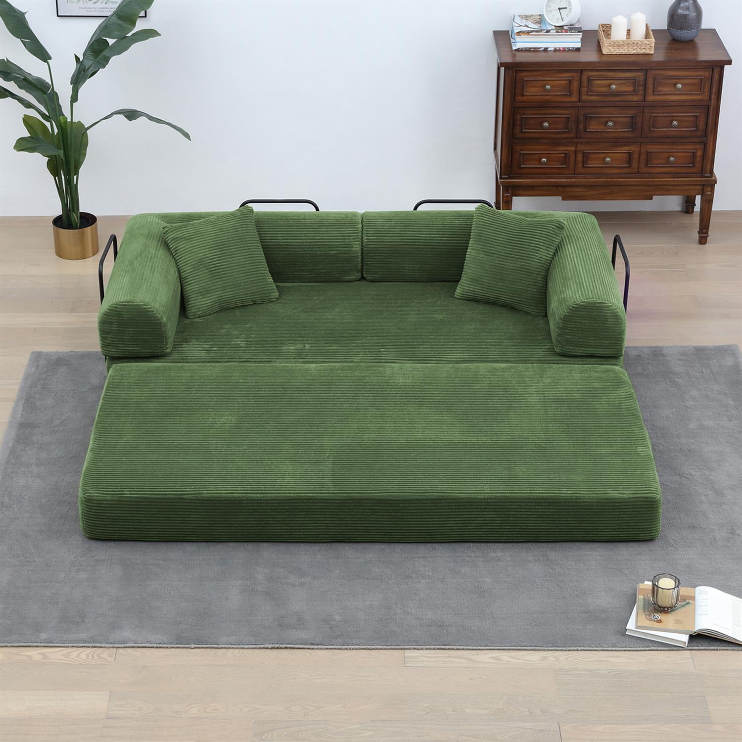 Demi Bonn 77" Convertible Sleeper Sofa Bed, Corduroy Foldable Mattress Couch with Cylindrical Pillow & Fixed Frame for Living Room, Bedroom, Green
