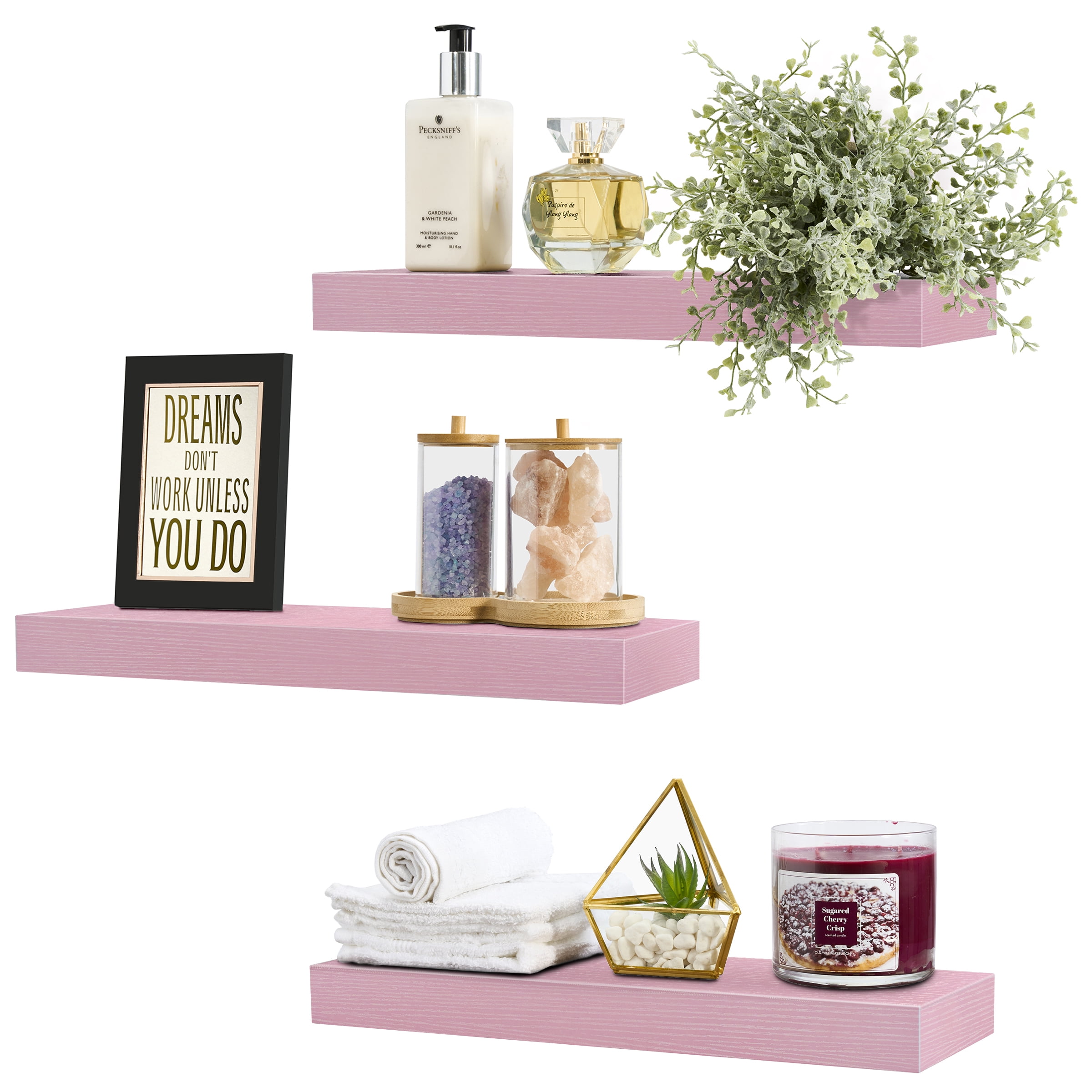 Sorbus 16.25" Floating Wall Shelves, 3 Pack, Soft Pink, Invisible Brackets, Home Decor