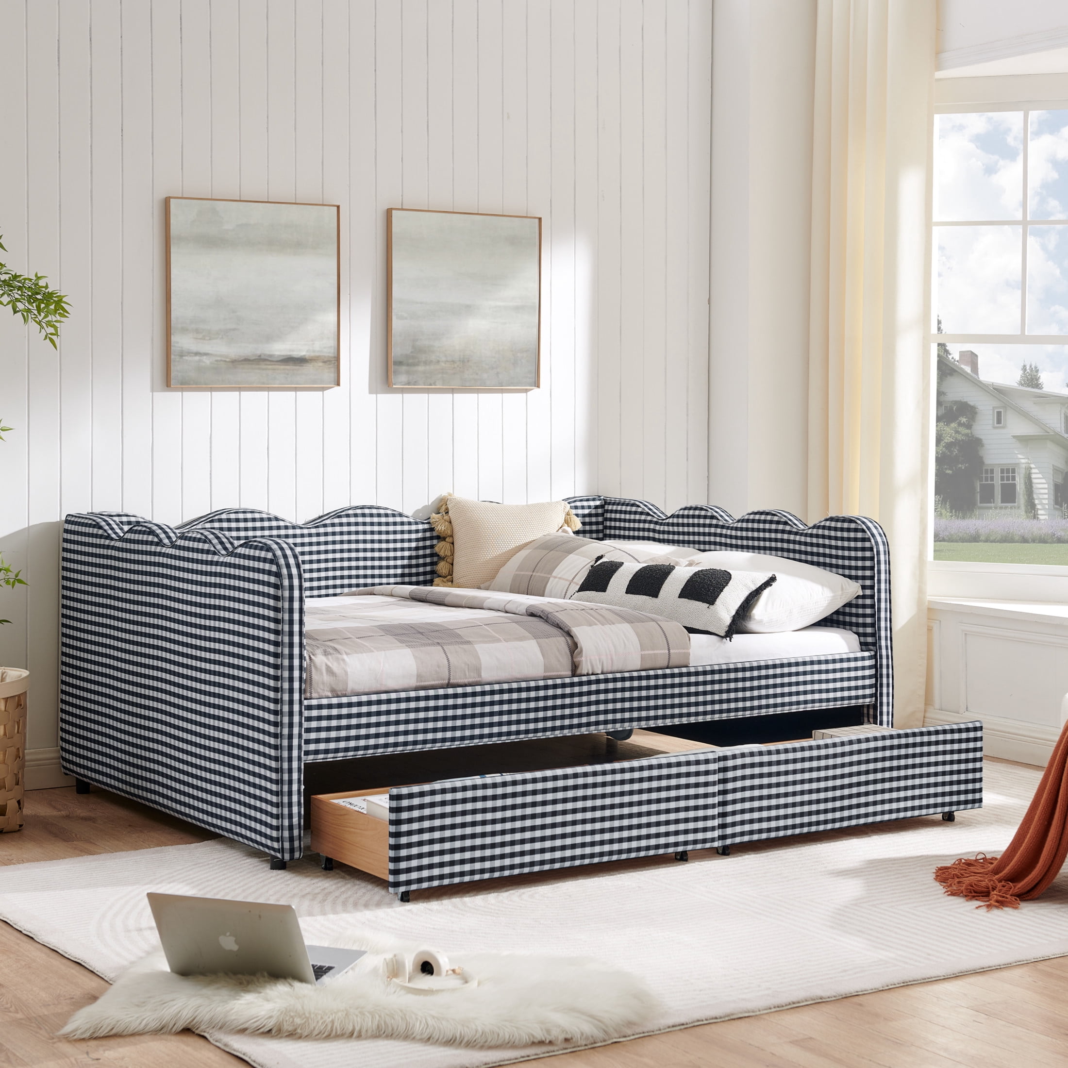 Noble House Corlan Full Size Waved Daybed, Cozy Gingham Linen Sofa Bed with Storage Drawers and Charging Port, Navy Blue