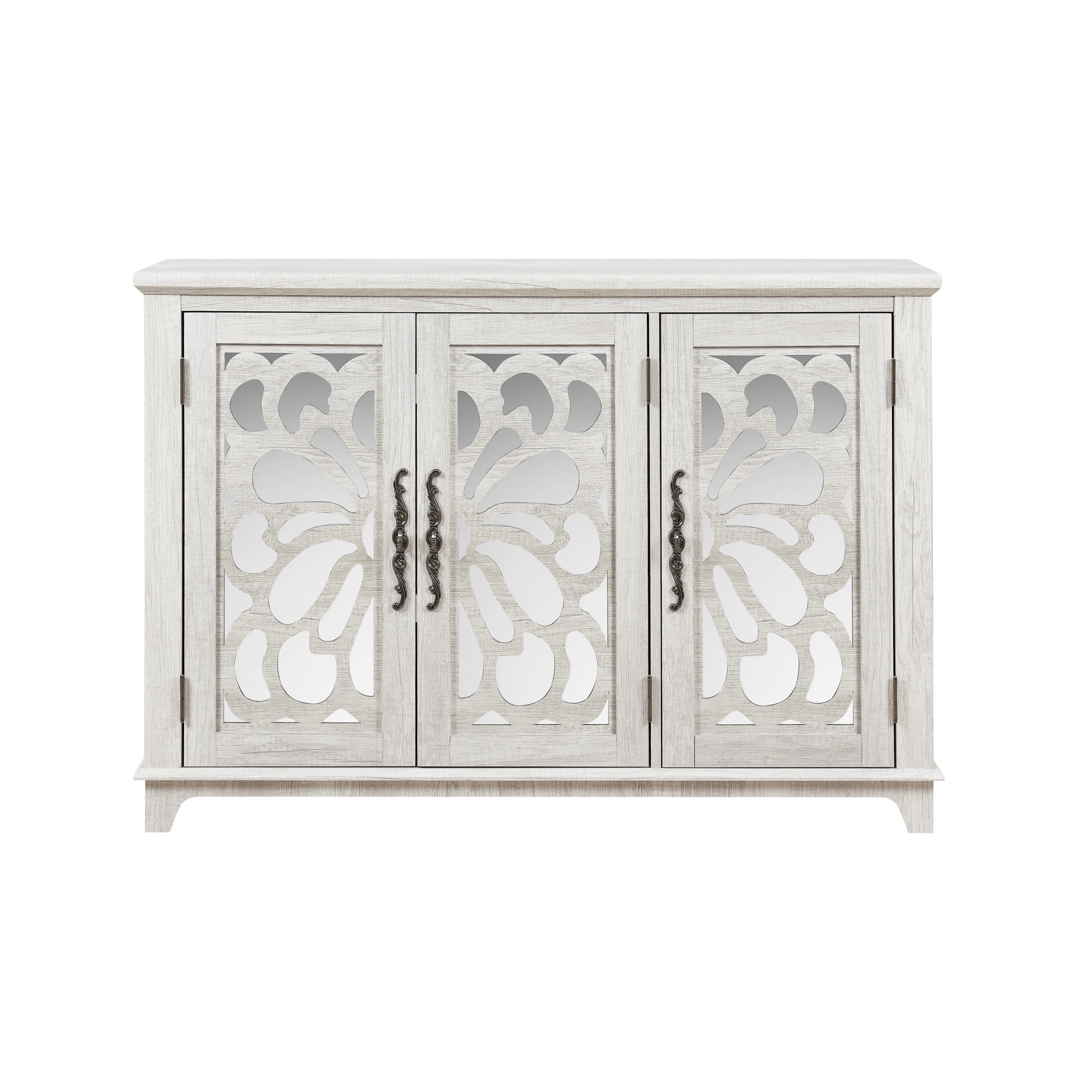 GDF Studio Danus 3-Door Acrylic Mirrored Sideboard Cabinet, Rustic Hollow-Carved Storage Cupboard for Kitchen, Light Gray