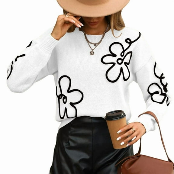 Women'S Casual Long Sleeve Round Neck Top Drop Shoulder Pattern Cable Knit Pullover Sweater White L