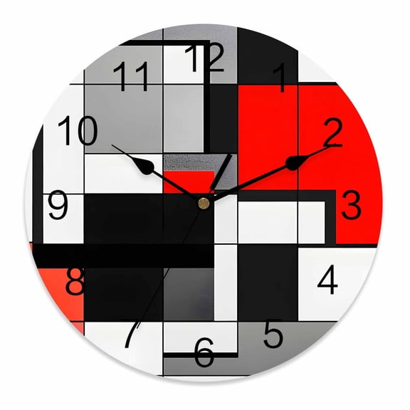Wall Clock 10 Inch Red Black Gray Squares Round Silent Decorative Wall Clocks Battery Operated for Living Room Bedroom Kitchen Classroom Decor, Abstract Geometric Art,Small