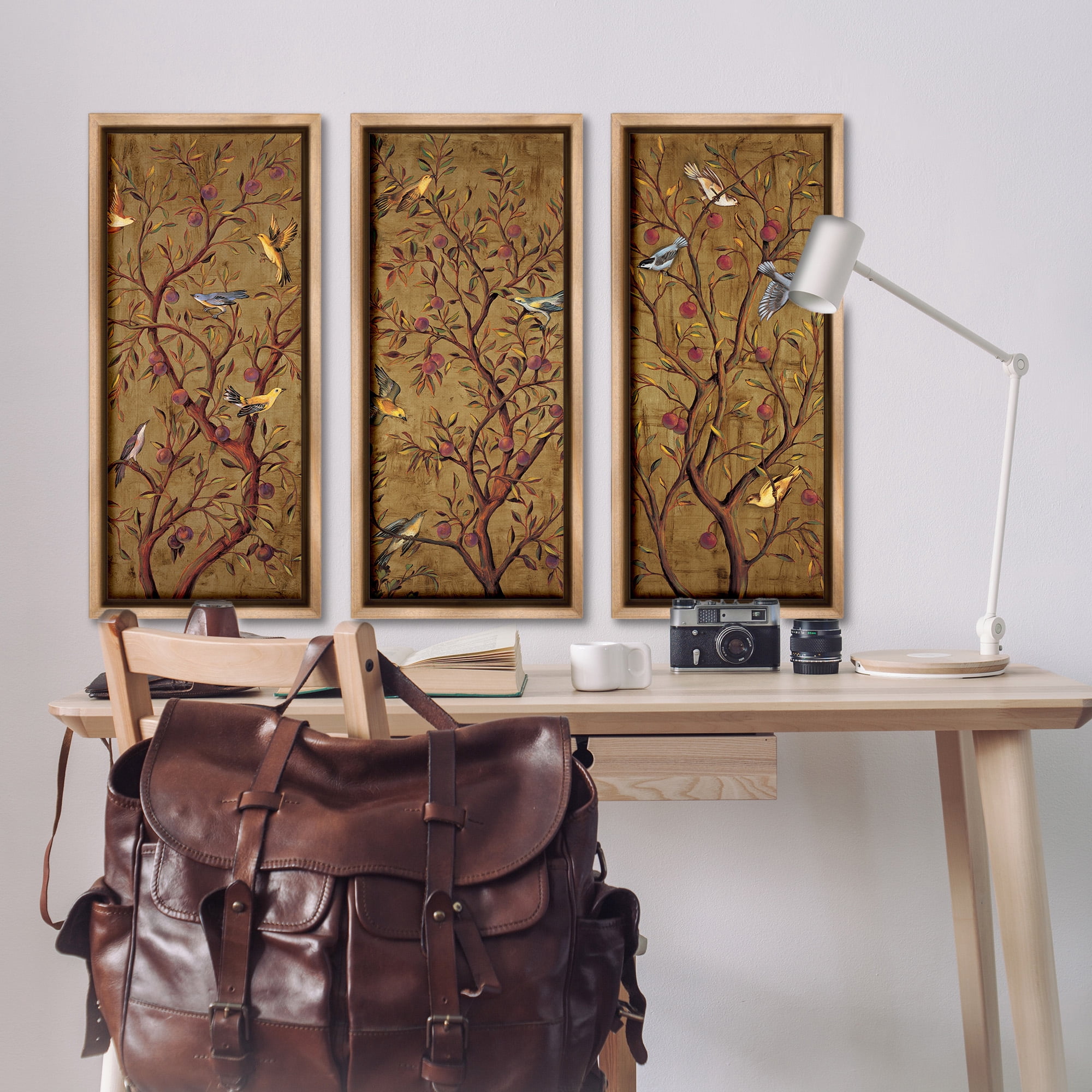 Stupell Industries Regal Plum Tree with Perched Birds Animals & Insects Painting Brown Floater Framed Canvas Art Print Wall Art, 15 x 31, Set of 3