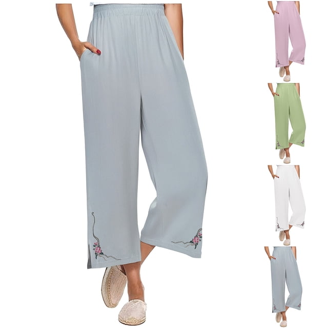 Pantalon Grand Court en Coton Lin Taille Haute Élastique avec Poches Blanc