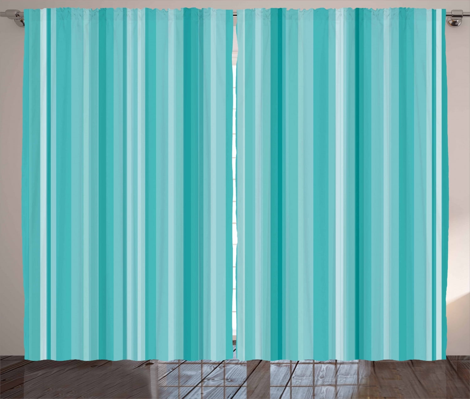 Aqua Curtains 2 Panels Set, Abstract Ocean Inspired Palette Lines