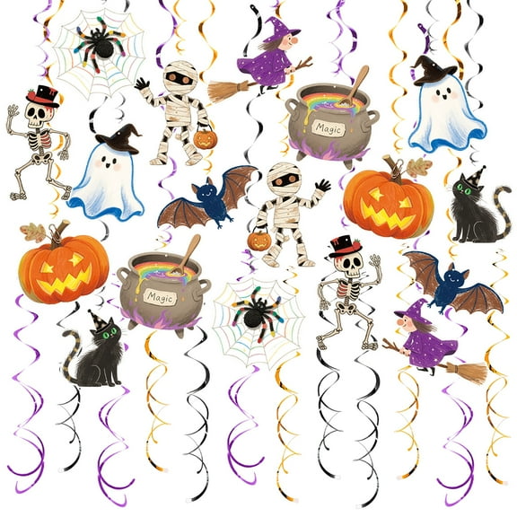 Sylvtty 48 Pcs Halloween Hanging Swirls Decoration Spooky Ceiling Spiral Streamer with Spider Pumpkin Ghost Sign for Halloween Home Decor