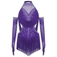 thumbnail image 2 of iixpin Girls Sleeveless Mesh Drapes Tassels Bodysuit for Samba Rumba Latin Rhinestones Dance Dress with Gloves Purple 8, 2 of 6