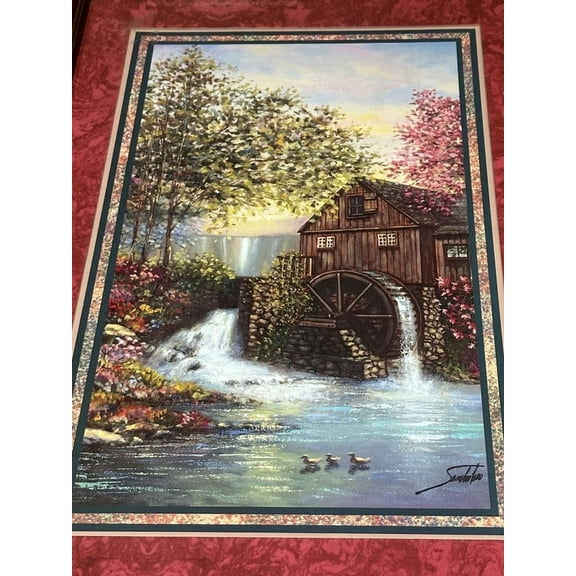 Vtg Home Interiors Sambataro Water Wheel Mill Pink Floral Framed Picture 16 x 23 C/2/3/8