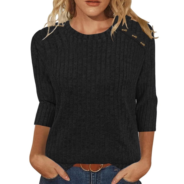 Chandails d'Automne Grande Taille pour Femmes Automne et Hiver Couleur Unie Col Rond Bas Rayé Ample Décontracté Manches Trois-Quarts