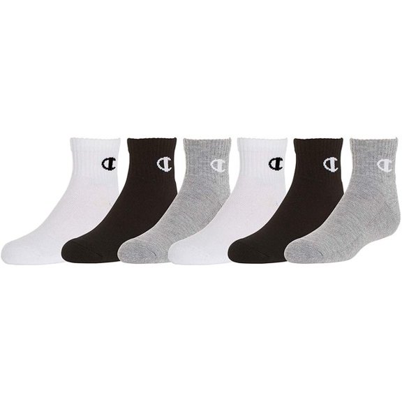 Champion Kids' Big 6-Pack Socks in Quarter or Low Cut, Oxford Gray, 9-11
