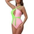 thumbnail image 4 of INSPIRE CHIC Conjunto de Bikini Monokini de Bloque de Color para Mujeres, Traje de Baño de Una Pieza con Anillo en O y Lazos Lateral, Talla X-Small Rosa Verde, 4 of 5