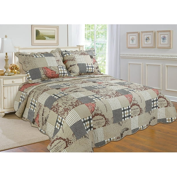 All For You 3pc Reversible Quilt Set Bedspread Or Coverlet With Prints 4 Different Sizes Beige Brown Red And Black King 90 X 100 With Standard Pillow Shams Walmart Com Walmart Com