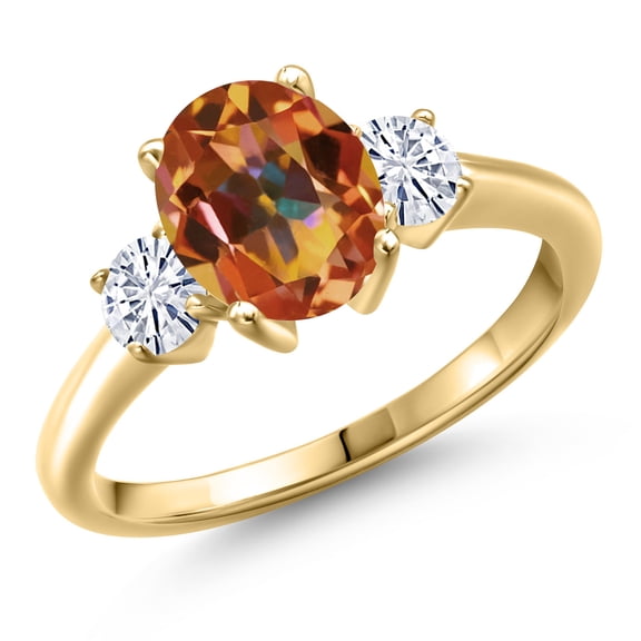 Gem Stone King 10K Yellow Gold Ecstasy Mystic Topaz and White Moissanite Engagement Ring for Women | 2.46 Cttw | Oval 9X7MM | Gemstone November Birthstone | Size 5