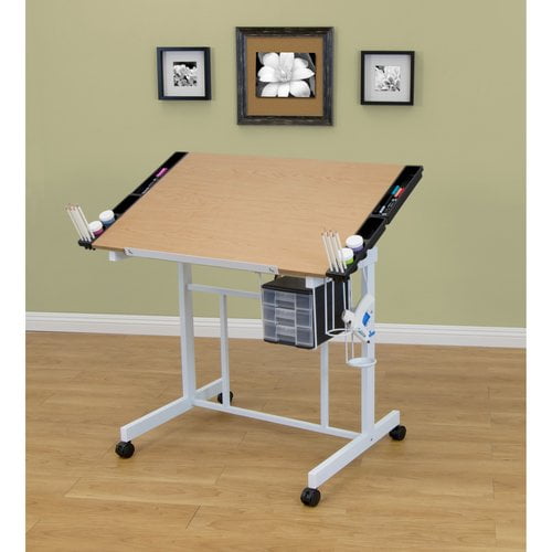 white drafting table with storage