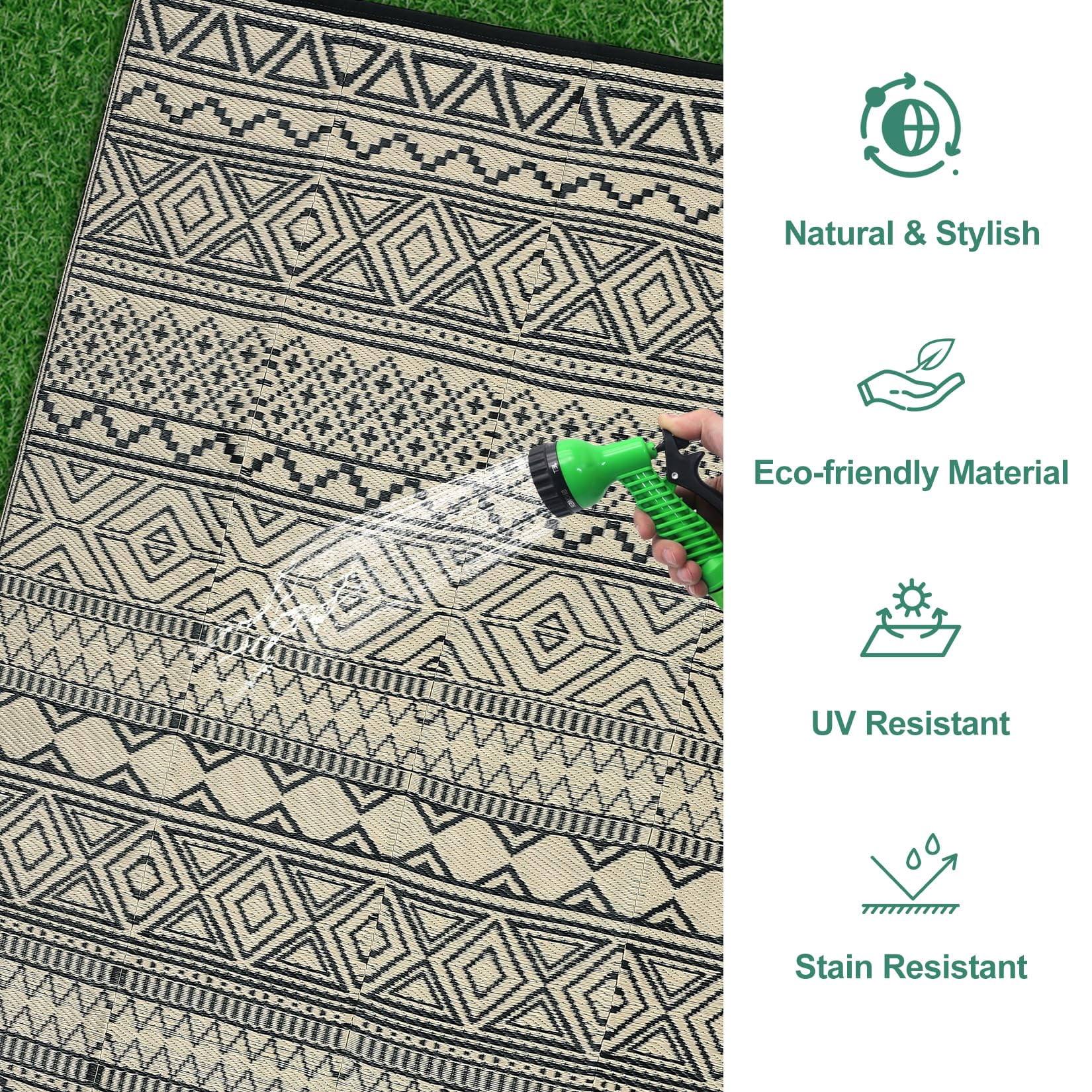 Outdoor Rug 6x9, Waterproof Patio Clearance Carpet for Outside, Reversible Outdoor Plastic Straw Camping Rug, UV Resistant Low Pile Deck Mat for Porch Yard Poolside, Easy Clean,Black & Coffee