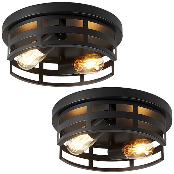 TICOZE 2 Pack Industrial Black Flush Mount Ceiling Light Fixture, 11-Inch Matte Metal Light Fixtures for Hallway, Kitchen, Farmhouse, Antique Finish (Bulbs Not Included)